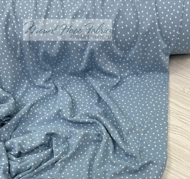 Yummy Rib Knit 2x1- Denim Blue Mini Dots - Mt Hope Fabrics and Gift Shoppe